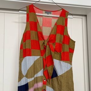 Abstract patchwork midi dress with tie front